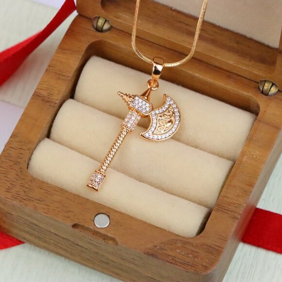 "Rose Gold Axe Pendant with Sparkling Stones – Elegant Design XPPT1381 - Picture 5 of 13